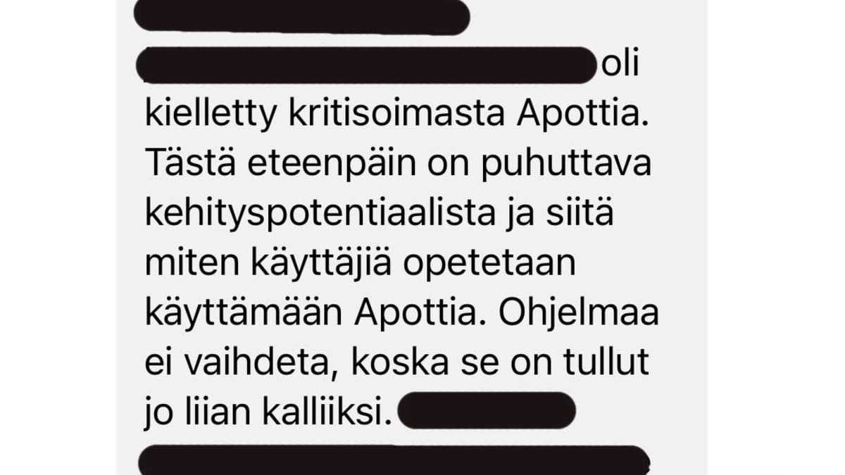 Apotti-järjestelmää kritisoiva tekstiviesti.