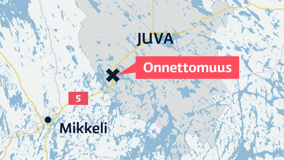 Karttakuva, jossa näkyy onnettomuuspaikka Juvan alueella. Lähellä näkyy Mikkeli.