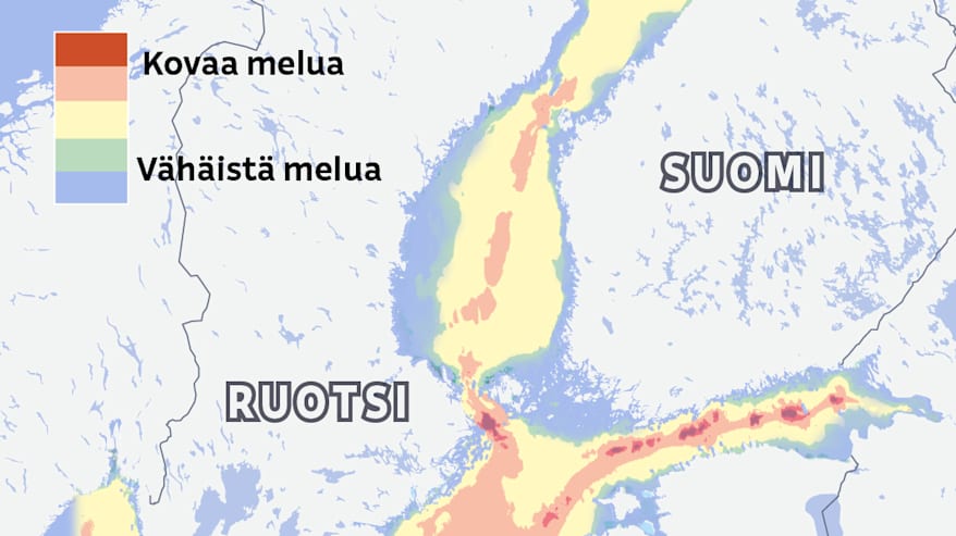 Kartassa on Itämeren vedenalaisen melun alueet. Huomattava osa merestä on keltaisella ja erityisen meluisat laivareitit näkyvät punaisella. 