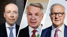 Kuva yhdistelmä kolmesta kuvasta. Kuvassa näkyy Jussi Halla-aho, Pekka Haavisto ja Olli Rehn.