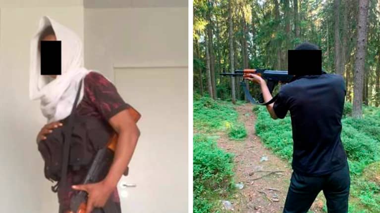 Two side-by-side photos of a young man who was found guilty of training to commit terrorism holding and aiming an airsoft rifle that shoots plastic projectiles.