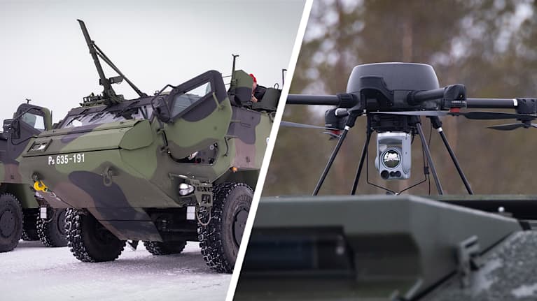 The picture shows an armoured personnel carrier and a drone.