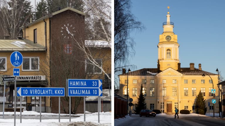 Virolahden kunnanvirasto, tienviittoja sekä Haminan raatihuone.