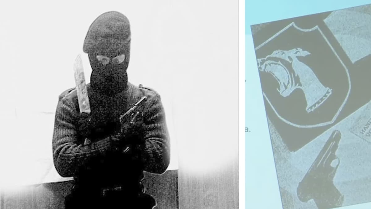 A masked man holding a pistol and a long knife, alongside another photo of a handgun.