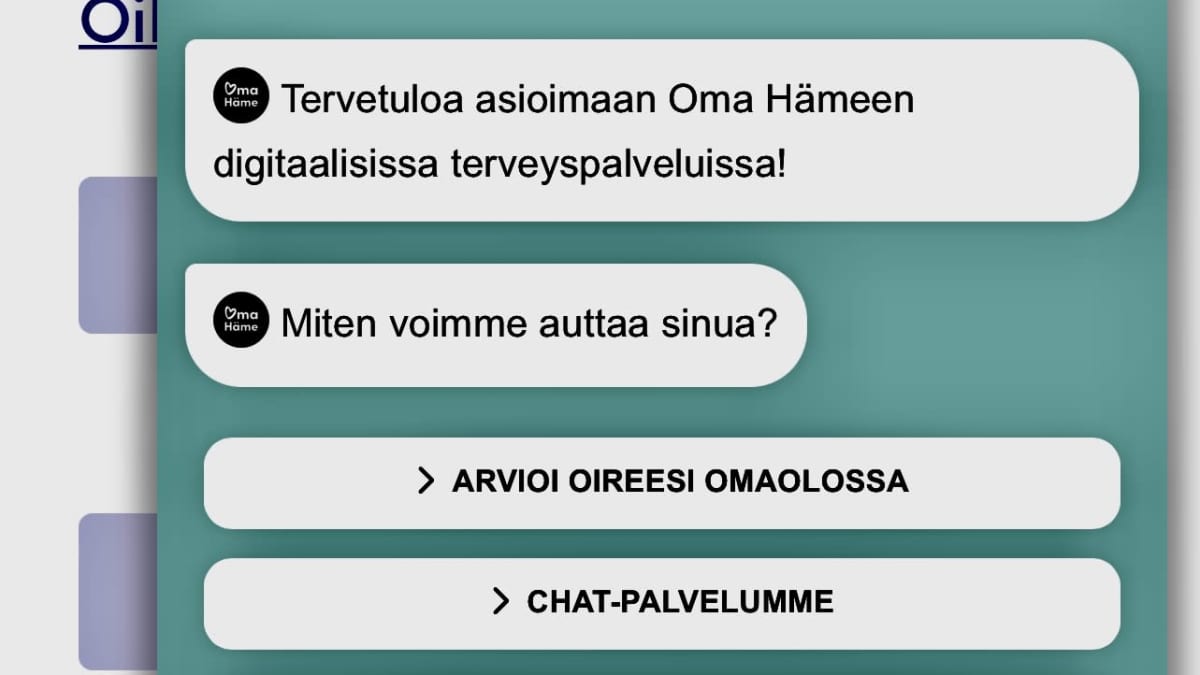 Kuvakaappaus Oma Hämeen nettisivuilta. Linkkejä chat-palveluun ja Omaoloon.