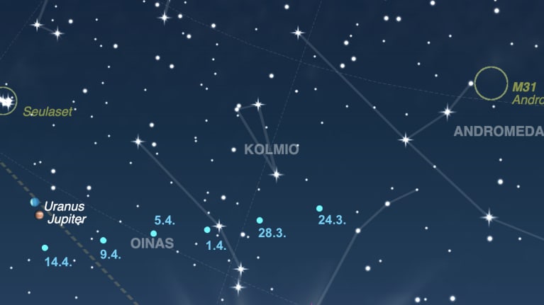 Kartta komeetta Pons-Brooksin etenemisestä taivaalla keväällä 2024.