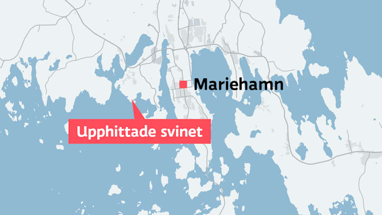 Karta som pekar ut Mariehamn och platsen på Åland där man hittat ett eventuellt smittat svin.