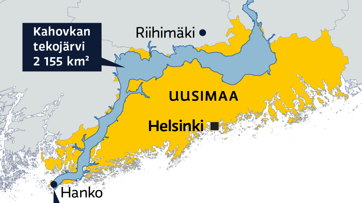 Kartalla vertaillaan Kahovkan tekojärven kokoa Uuteenmaahan Suomessa.