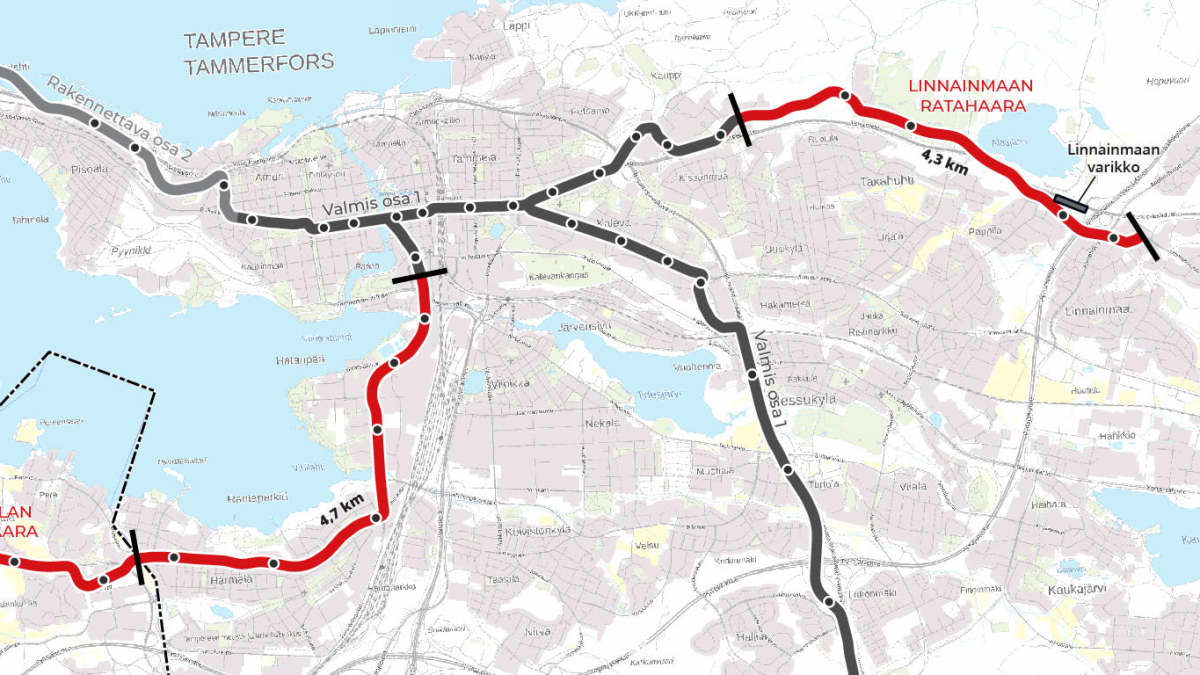 Pirkkala-Linnainmaan raitiotien yleiskartta
