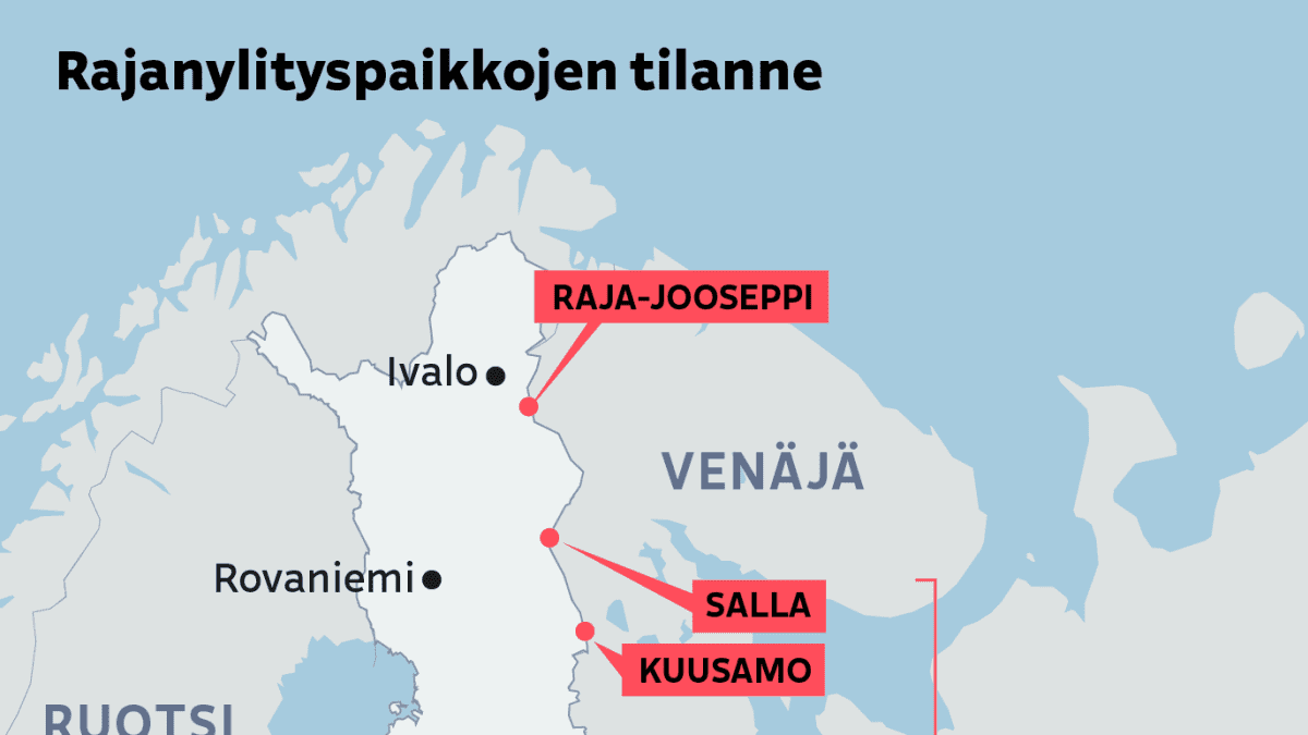 Kartta Suomen itärajan raja-asemista jotka ovat suljettu 13.12. asti.