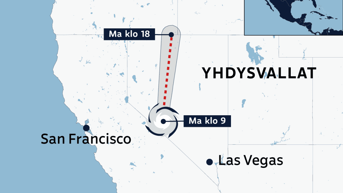 Havainnollistava kartta, joka näyttää Hilary-myrskyn etenemisen maanantaina 21. elokuuta 2023. Myrsky liikkuu maanantain aikana San Franciskon korkeudelta pohjoiseen. 