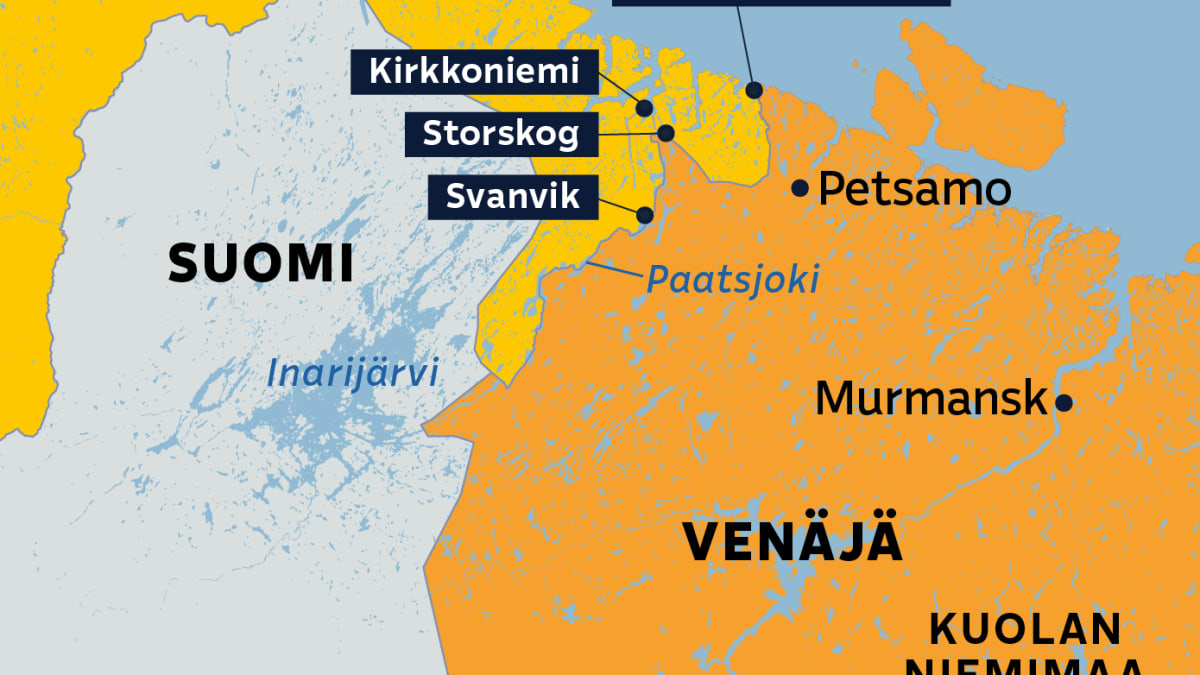 Kartalla Suomen, Norjan ja Venäjän raja-alueen paikkakuntia.