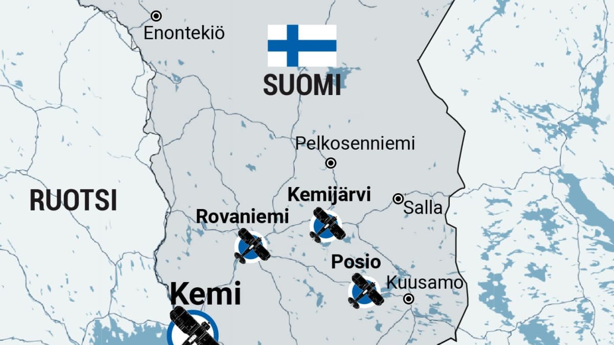 Karttagrafiikka Lentorykmentti 19:n tukikohdista Pohjois-Suomessa talvisodan aikana.