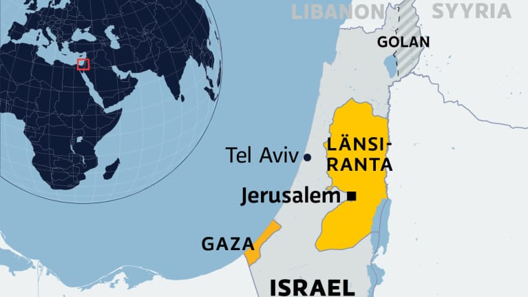 Kartassa Israel, Länsiranta, Gaza, Golan.