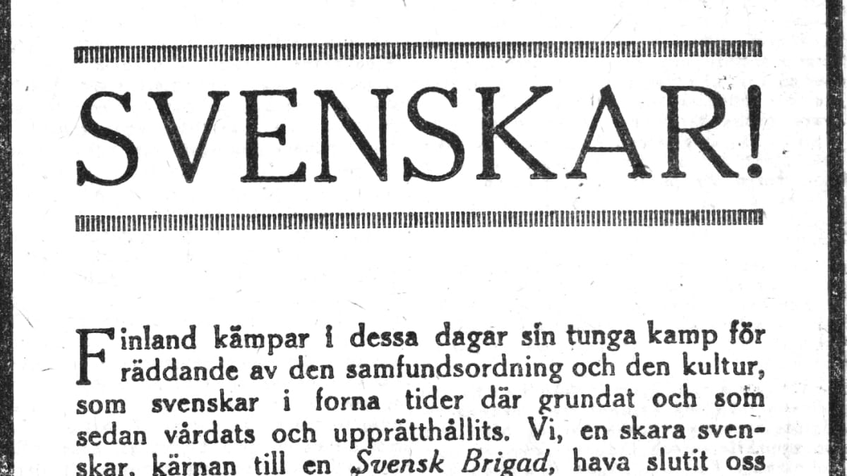 Svenskar-julistus jossa kutsutaan ruotsalaisia auttamaan Suomea sodassa.