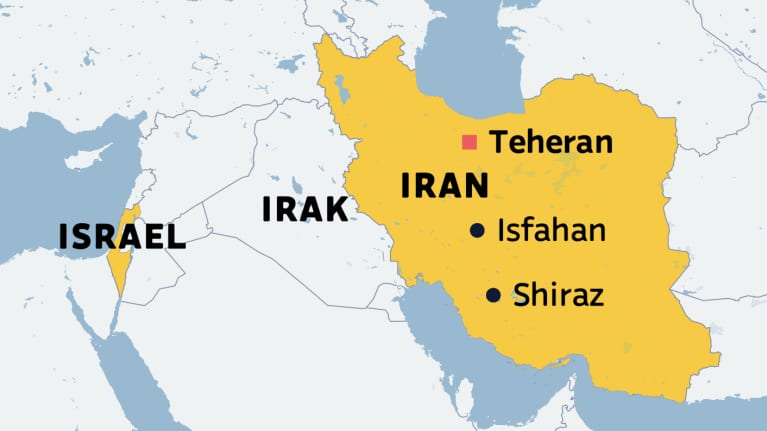 Kartta jossa Israel, Irak ja Iran.