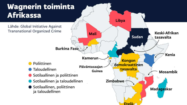 Kartta jossa näkyy Wagnerin toiminta Afrikassa.