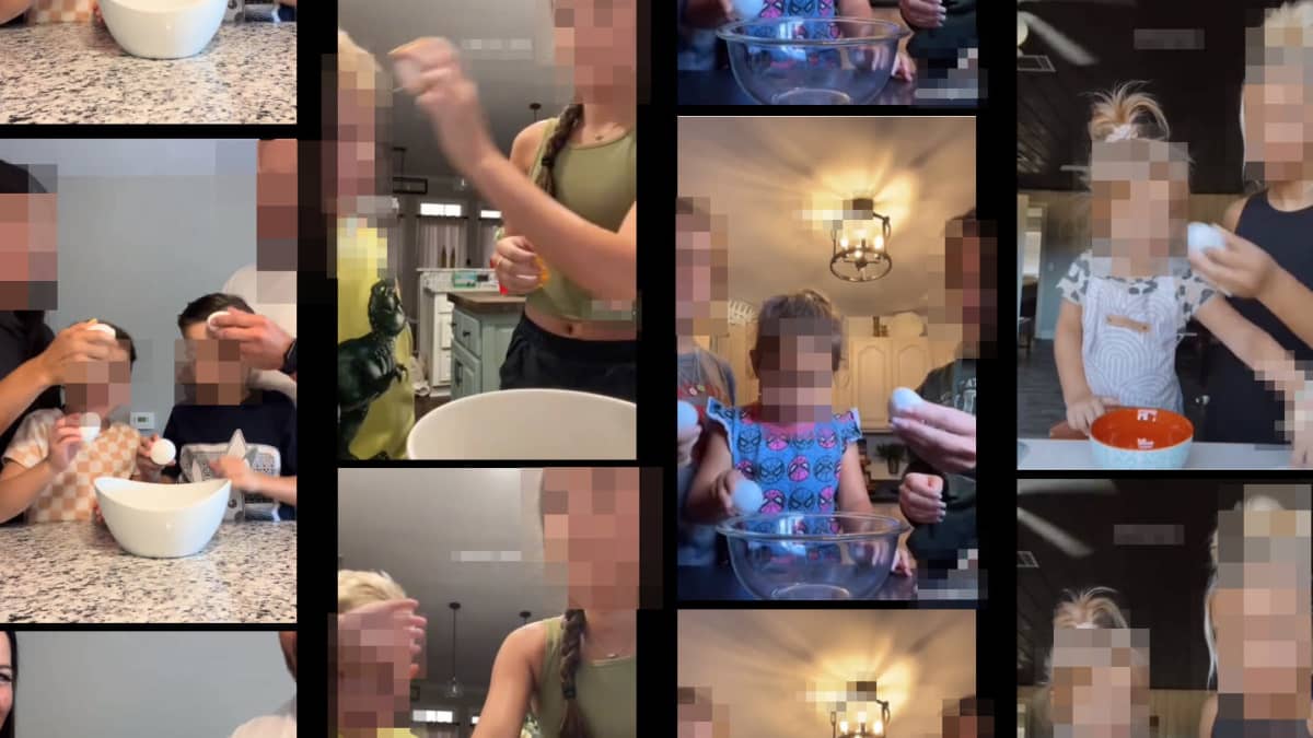 Kuvakollaasi, jossa vanhemmat iskevät lapsen päähän kananmunia.