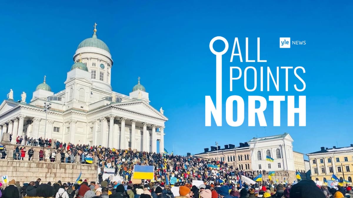 Photo of people protesting the attack on Ukraine at Helsinki's Senate Square on 26 February 2022, featuring the All Points North podcast logo.