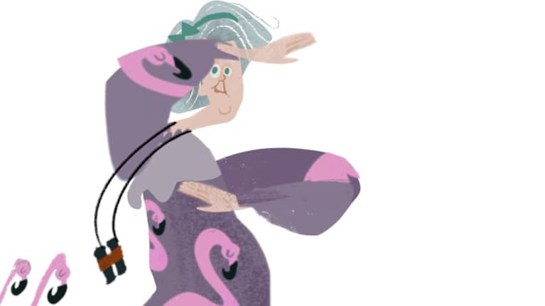 Illustration på en person med lila klänning med flamingotryck, matchande lila leggings och mörka skor.