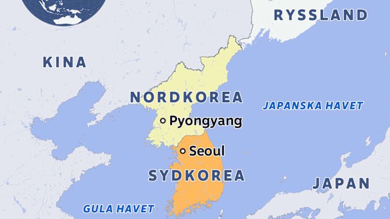 En karta över Syd- och Nordkorea samt närliggande hav och länder.