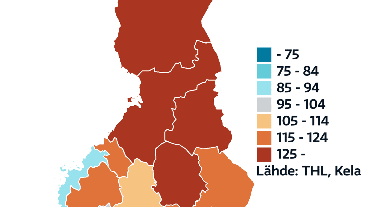 Työkyvyttömyyden kokonaisindeksi Suomen kartalla.