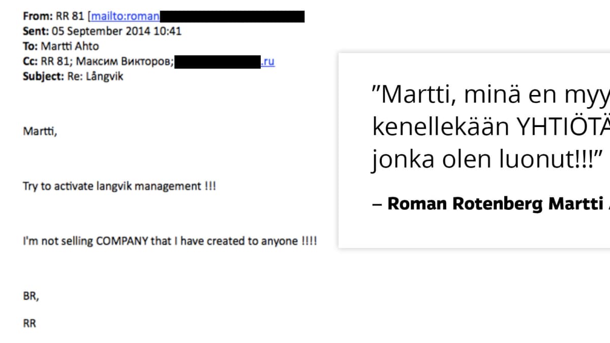 Kuvakaappaus englanninkielisestä sähköpostista ja suomennos: "Martti, minä en myy kenellekään YHTIÖTÄ jonka olen luonut!!!" – Roman Rotenberg Martti Ahdolle