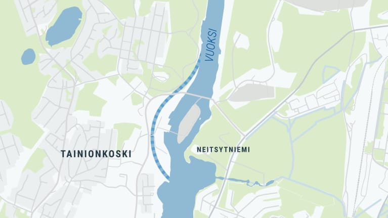 Karttakuva Tainionkosken voimalaitoksen alueesta. Kuvaan sijoitettu mahdollinen Tainionkosken kanava.