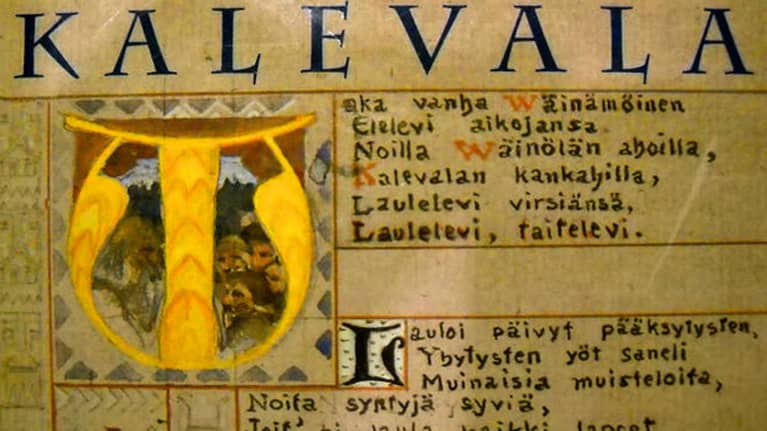 Kalevala alkulauseet sivulla vanhassa kirjassa.