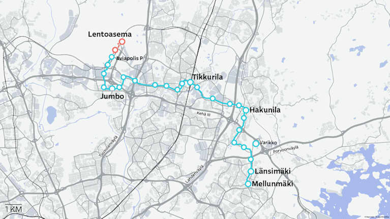 Vantaan raitiovaunun reitti kartalla Mellunmäestä Aviapolikseen.