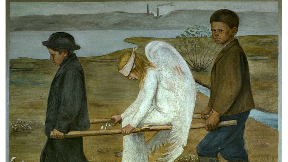 Lars Sonckin suunnittelemassa Tampereen tuomiokirkkossa Hugo Simbergin maalaama fresko" Haavoittunut enkeli." Hugo Simberg 1873-1917.