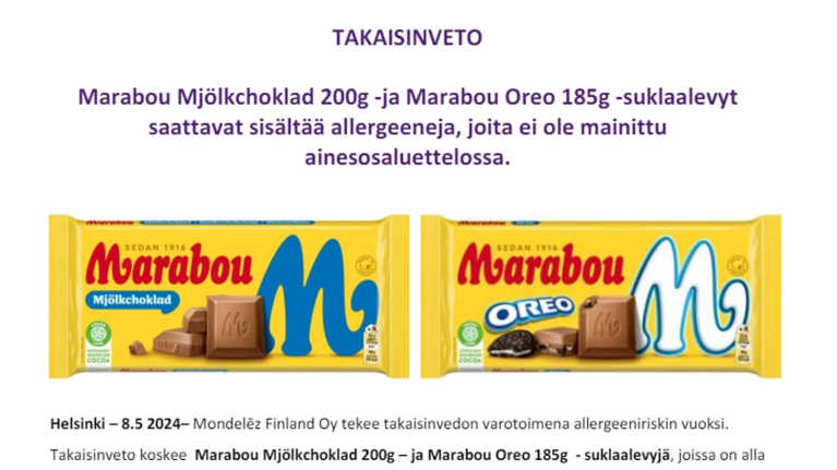 Kuvakaappaus/-rajaus Mondelez Internationalin tiedotteesta. Kuvassa kaksi Marabou suklaalevyä ja teksi, jossa kerrotaan takaisinvedosta.
