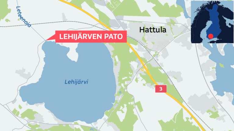 Kartta, johon on merkitty Lehijärvi, Lehijärven pato, Hattula ja valtatie 3.
