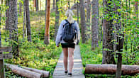 Photo shows a woman walking along a forest path.