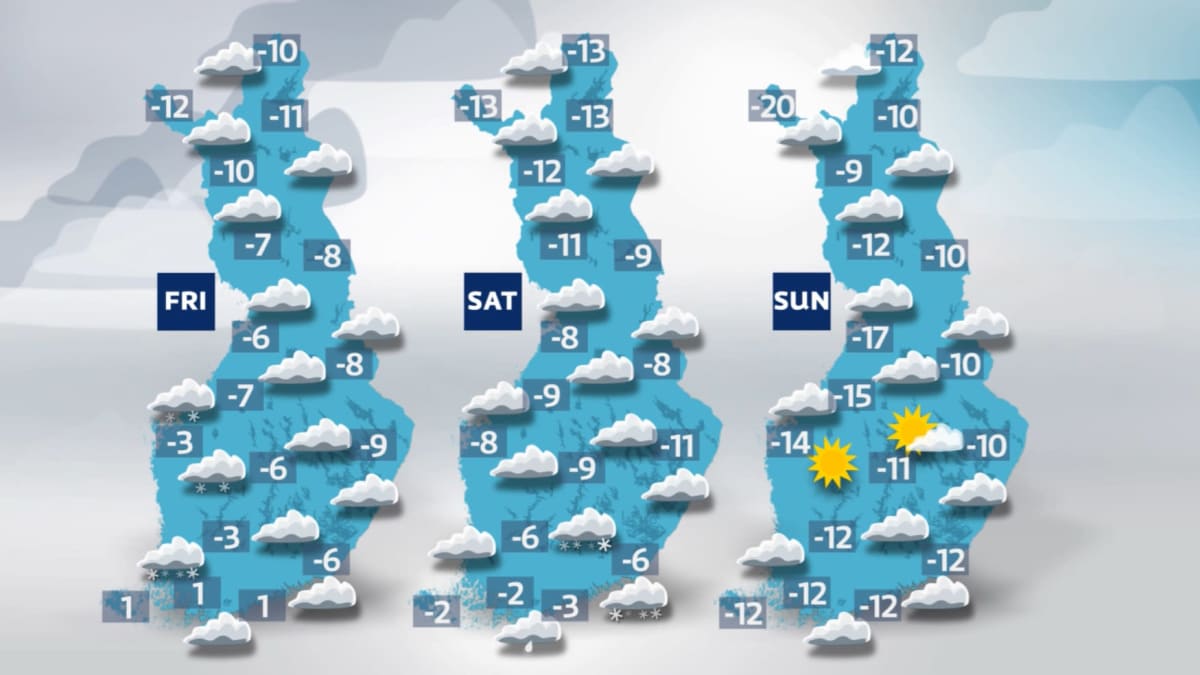 Weather map for Friday, Saturday and Sunday: Temperatures are becoming increasingly cold, reaching -12 degrees Celsius in southern Finland and Lapland on Sunday.