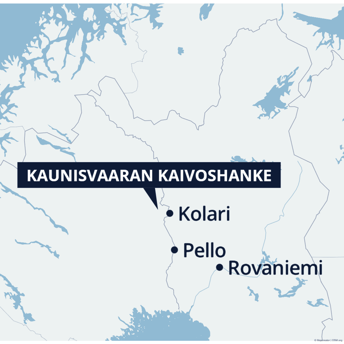 Kartasta näkee, että kaivos on lähellä Suomen länsirajaa noin Kolarin korkeudella.