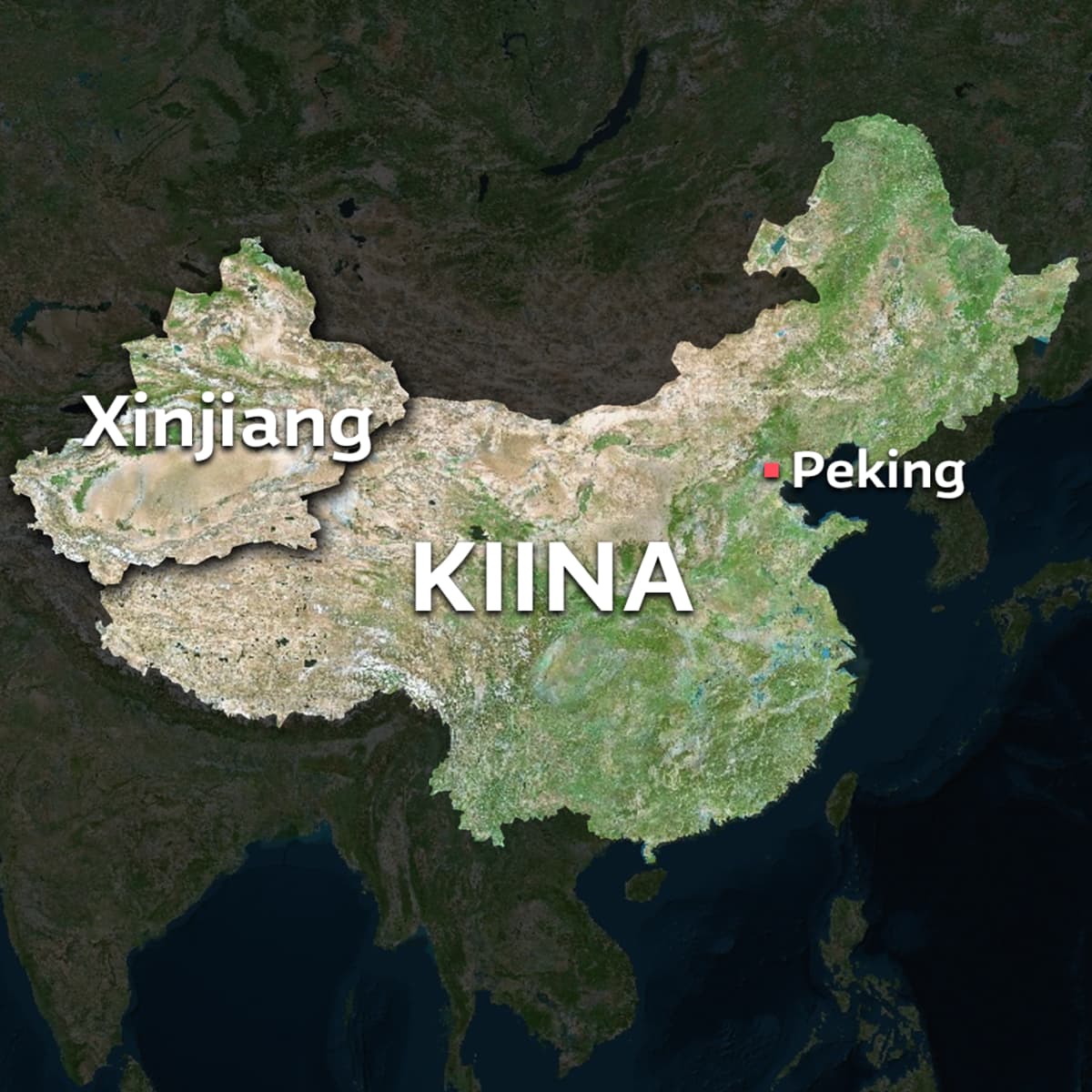 Kiinan kartta. Korostettuna Xinjiangin maakunta.