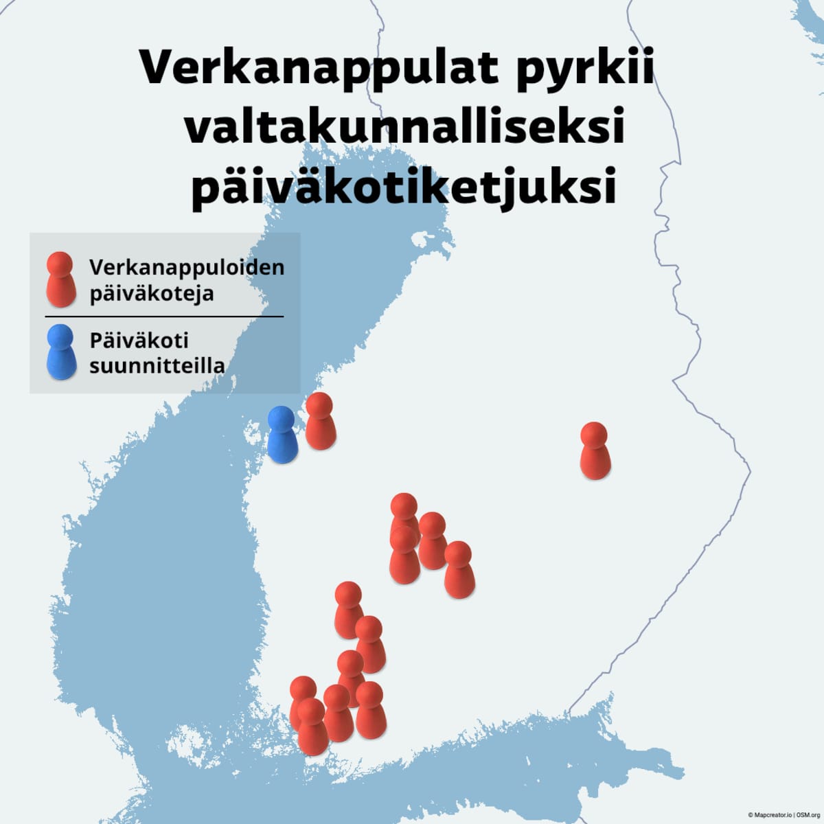 Verkanappulat-päiväkotiketjun sijainnit Suomen kartalla