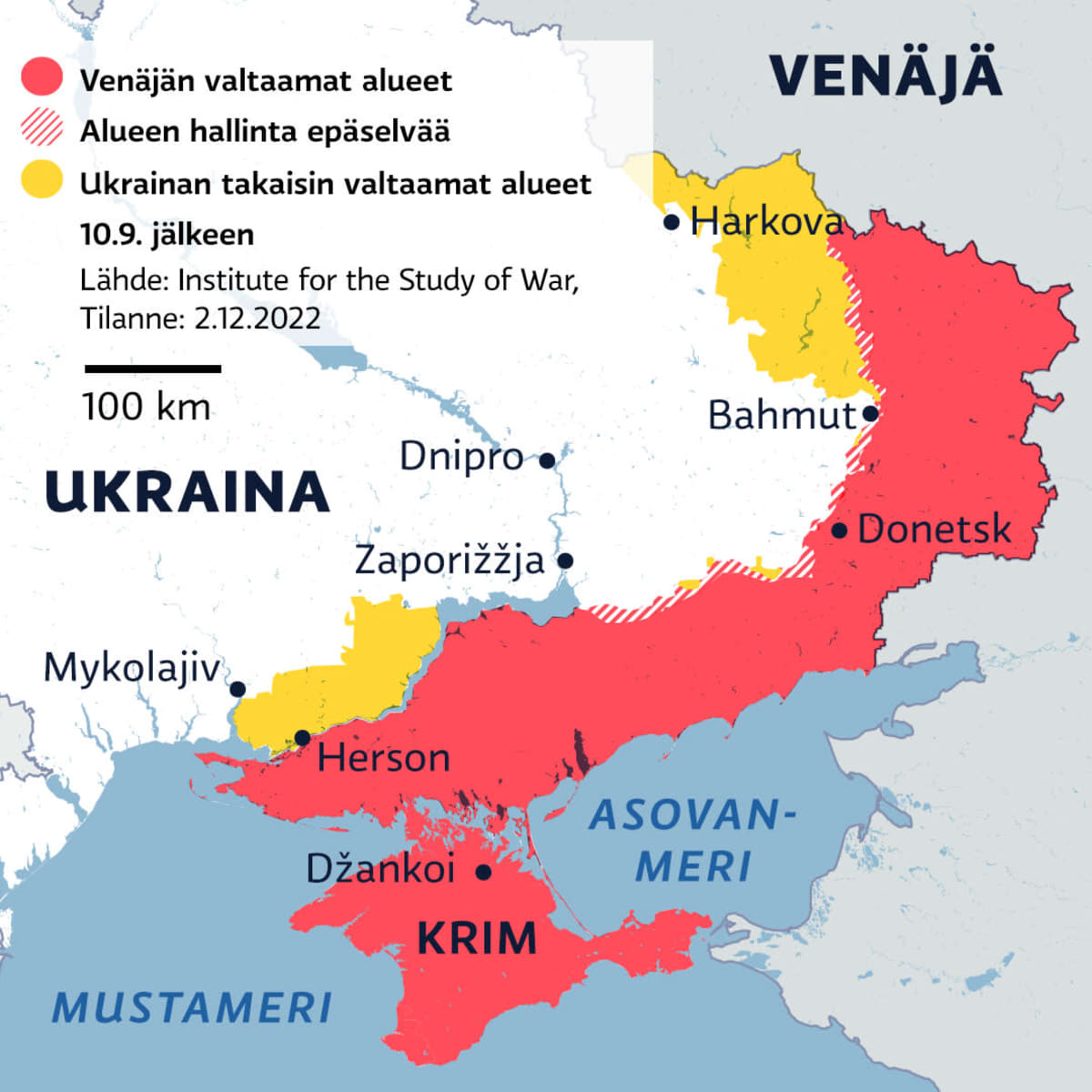 Kartalla Venäjän valtaamat alueet Ukrainassa 2.12.2022.