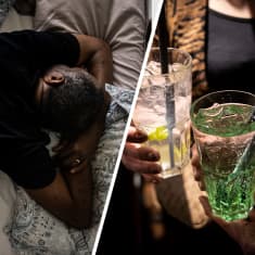 Kuvapinta on jaettu kahtia, vasemman puolen kuvassa sängyssä makaava henkilö, oikean puolen kuvassa kaksi drinkkiä.