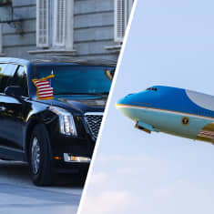 Yhdysvaltojen presidentin ajoneuvot, vasemmalla Pedoksikin kutsuttu limusiini, oikealla lentokone Air Force One.