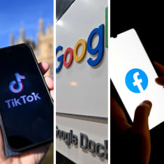 Kolmen kuvan yhdistelmä, joista yhdessä on käsi joka pitelee puhelinta, jossa näkyy Tiktokin logo, toisessa kyltti jossa on Googlen logo ja kolmannessa käsi joka pitelee puhelinta, jossa näkyy Facebookin logo.