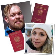 Suomen ja Venäjän passit sekä kasvokuvat kahdesta kaksoiskansalaisesta: Elias Redin ja Anastasia Laine.