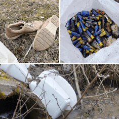 Luonnosta löytyneitä roskia: vessanpytty, kengät, paristoja.