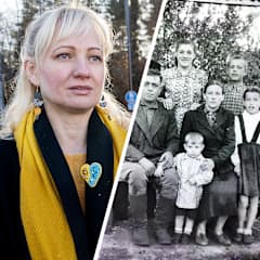 Yhdistelmäkuvassa kasvokuva Natalia Nazarovasta ja hänen sukunsa mustavalkoinen valokuva.