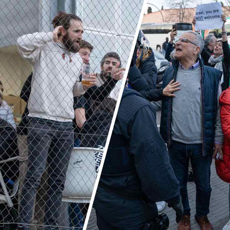 Kuvakombo. Israelilaisen koripalloseuran Maccabi Tel Avivin kannattajat huutelevat Palestiina-mielisille mielenosoittajille kun Palestiinaa tukevat mielenosoittajat protestoivat Barcelonassa.