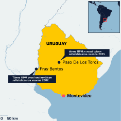 Kartassa esitettynä UPM:n kahden sellutehtaan sijainnit Uruguassa.