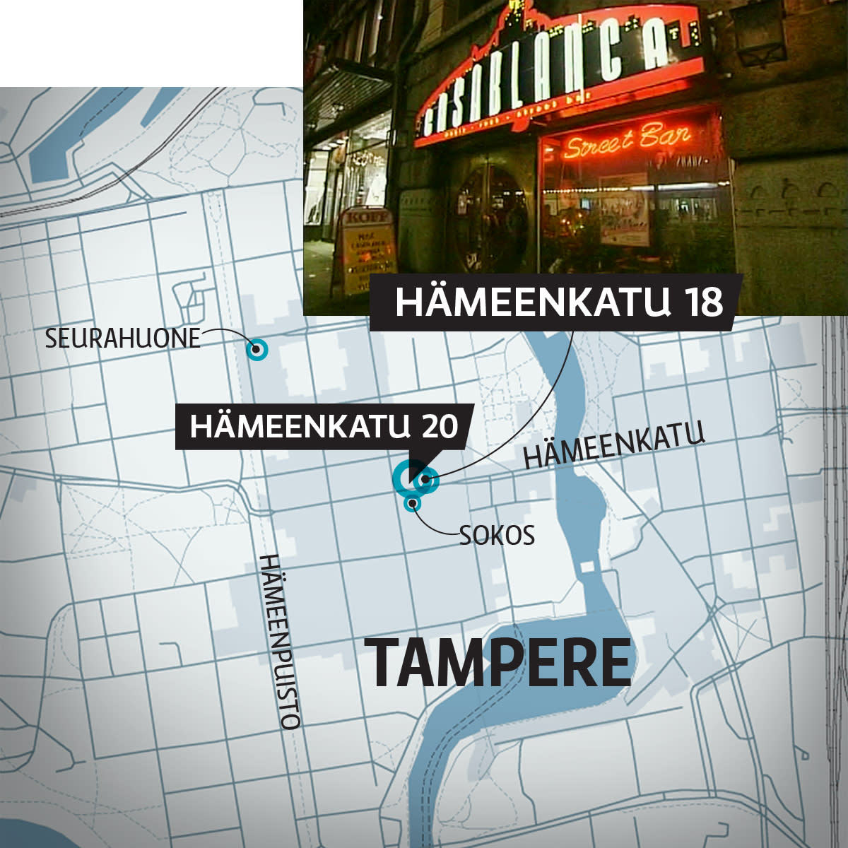 Kartta Tampereen keskustasta. Hämeenkatu 20