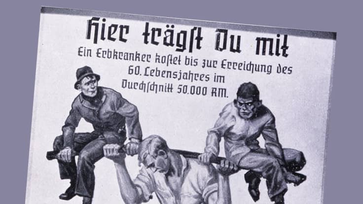 Propagandajuliste natsi-Saksasta. Julisteessa mies nostaa harteilleen kaksi muuta henkilöä.