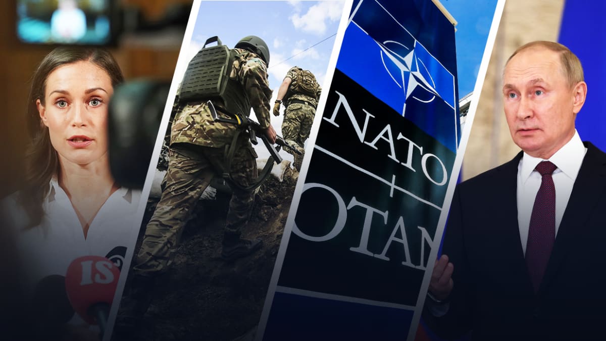 Photo combo with pictures of Sanna Marin, Ukrainian soldiers, NATO emblem and Vladimir Putin.